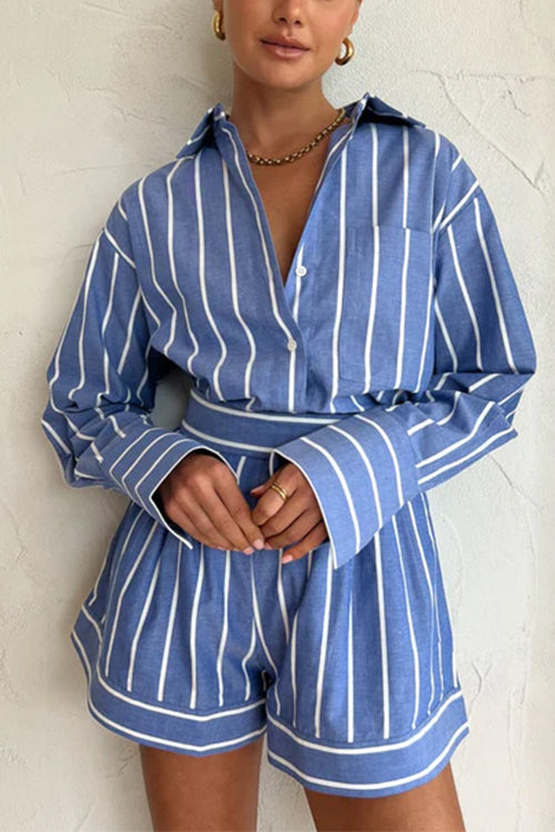 Trixiedress Striped Long Sleeves Curve Hem Shirt and High Rise Shorts Set