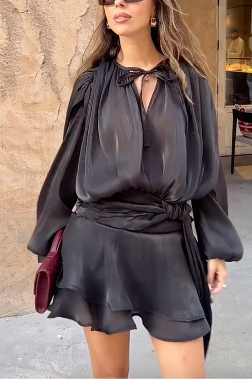 Trixiedress Long Sleeves Lace-up Tie Waist Ruffle Mini Dress