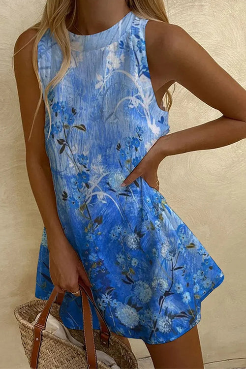 Trixiedress Summer Sleeveless Gradient Floral Print Mini Dress
