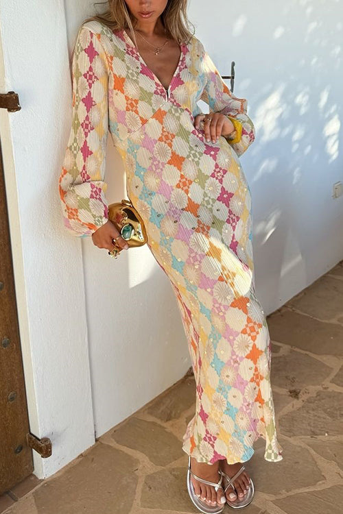 Trixiedress V Neck Lantern Sleeves Geometric Print Maxi Dress