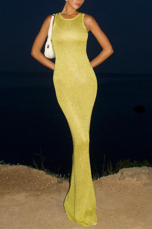 Trixiedress Round Neck Sleeveless Bodycon Glitter Maxi Party Dress