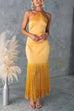 Trixiedress Halter Neck Patchwork Fringe Hem Satin Maxi Dress