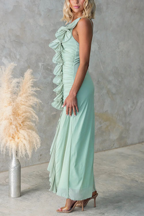 Trixiedress One Shoulder Slit Ruffle Mesh Maxi Dress