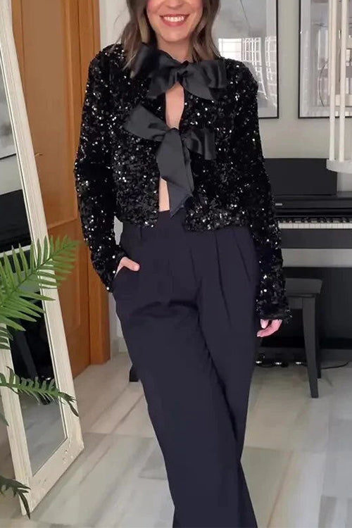 Trixiedress Long Sleeves Bow Knot Glitter Sequin Top