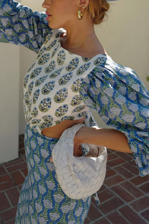 Trixiedress Lantern Sleeves Bow Back Cut Out Printed Midi Dress