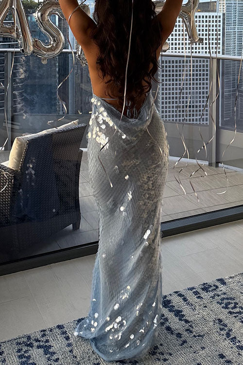 Trixiedress Halter Cowl Neck Open Back Sequin Maxi Party Dress