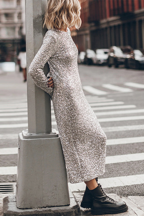 Trixiedress Long Sleeves Back Cut Out Sequin Midi Dress