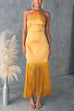Trixiedress Halter Neck Patchwork Fringe Hem Satin Maxi Dress