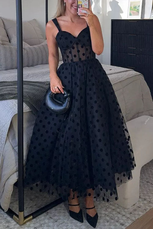 Trixiedress V Neck Mesh Polka Dot A-line Midi Cami Dress