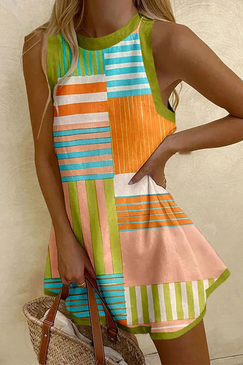 Trixiedress Sleeveless Striped Color Block A-line Mini Dress