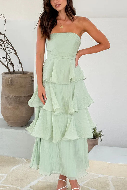 Trixiedress Strapless Empire Waist Ruffle Layered Maxi Dress