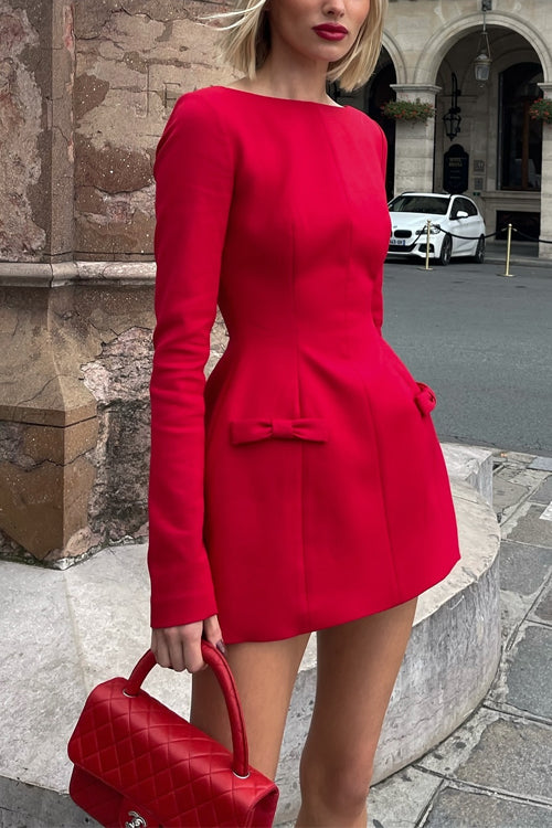 Trixiedress Elegant Long Sleeves Bow Detail Mini Dress