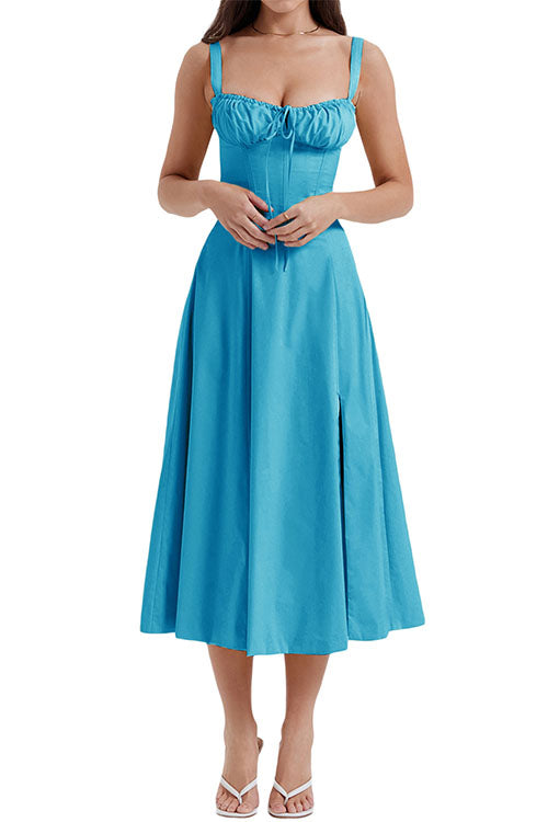 Trixiedress Drawstring Neck Slit Bustier Midi Cami Dress