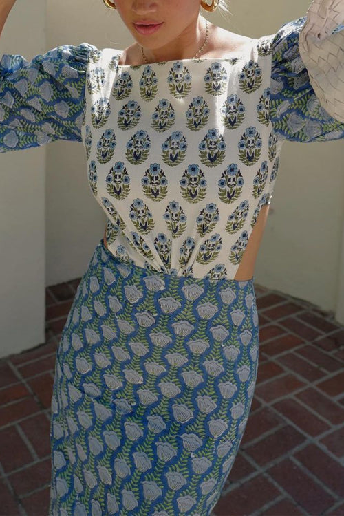 Trixiedress Lantern Sleeves Bow Back Cut Out Printed Midi Dress