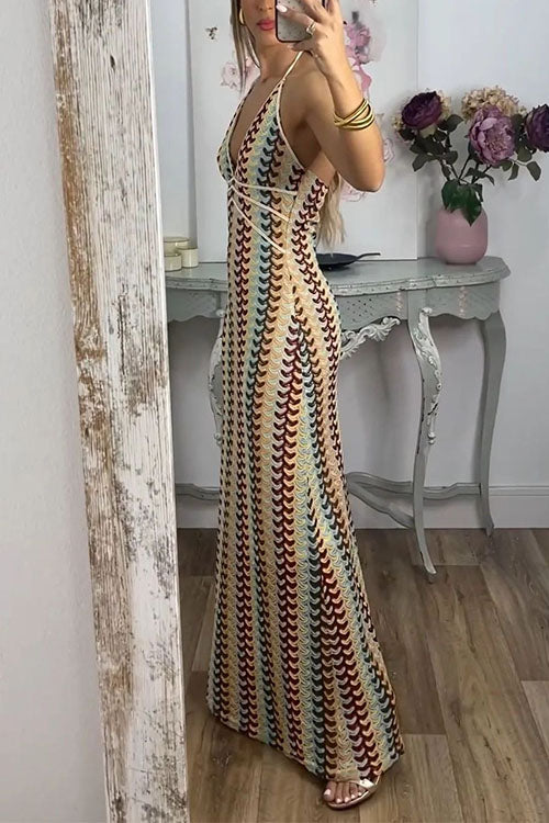 Trixiedress Halter V Neck Backless Color Block Crochet Maxi Dress