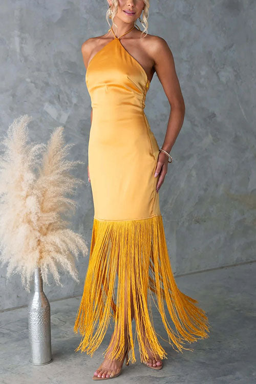 Trixiedress Halter Neck Patchwork Fringe Hem Satin Maxi Dress