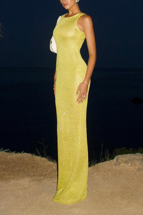Trixiedress Round Neck Sleeveless Bodycon Glitter Maxi Party Dress