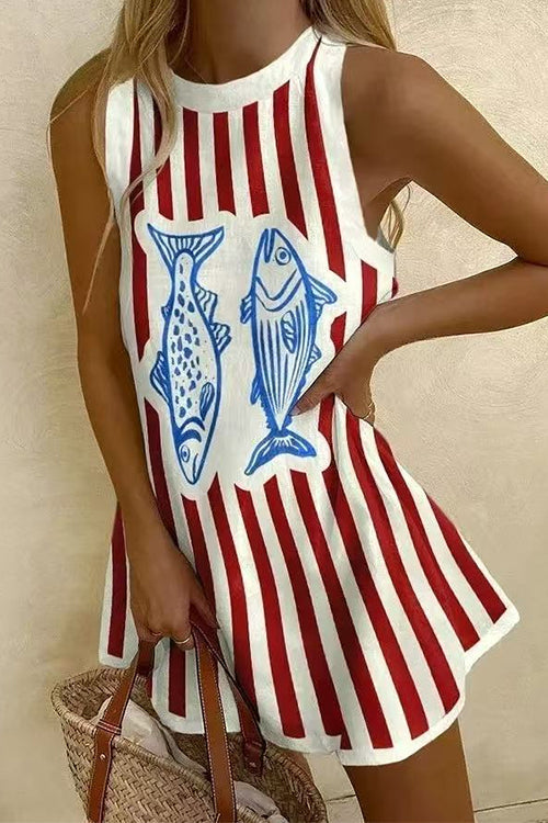 Trixiedress Crewneck Sleeveless Fish Print Striped Mini Dress