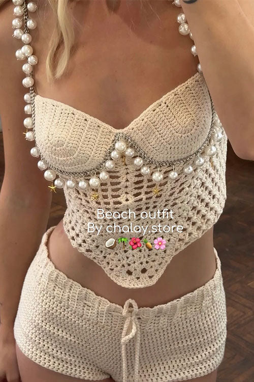 Trixiedress Pearl Trim Hollow Out Knit Crop Cami Top