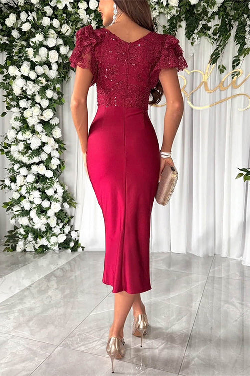 Trixiedress V Neck Flare Sleeves Slit Bodycon Sequin Midi Dress