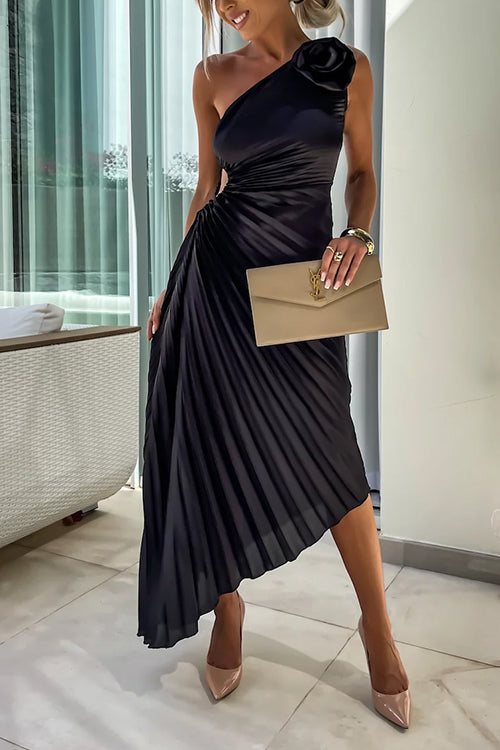 Trixiedress 3D Rose One Shoulder Cut Out Waist Asymmetric Hem Pleated Maxi Dress