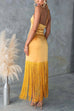 Trixiedress Halter Neck Patchwork Fringe Hem Satin Maxi Dress