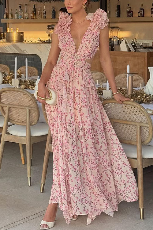 Trixiedress Deep V Neck Sleeveless Cut Out Floral Print Ruffle Maxi Dress