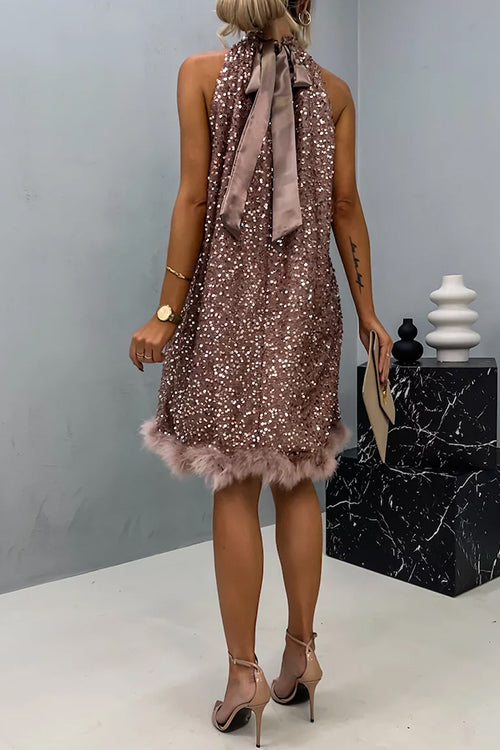 Trixiedress Halter Sleeveless Feather Hem Sequin Dress