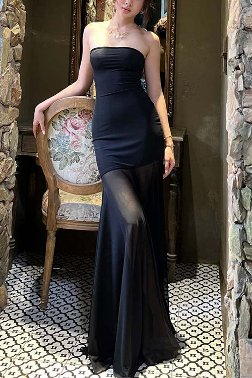 Trixiedress Strapless Mesh Splice Bodycon Maxi Dress