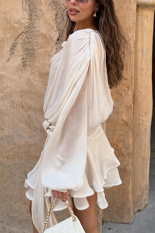 Trixiedress Long Sleeves Lace-up Tie Waist Ruffle Mini Dress