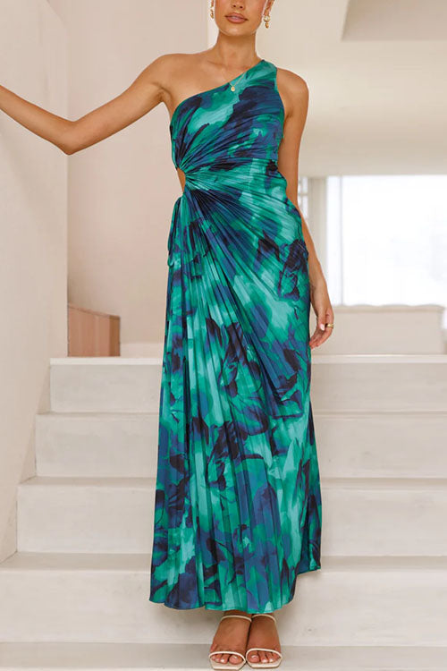 Trixiedress One Shoulder Drawstring Cut Out Printed Maxi Pleated Dress