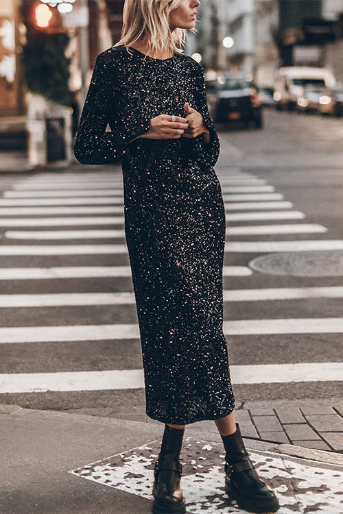 Trixiedress Long Sleeves Back Cut Out Sequin Midi Dress