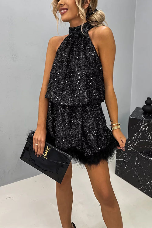 Trixiedress Halter Sleeveless Feather Hem Sequin Dress
