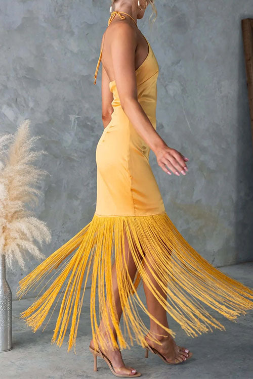 Trixiedress Halter Neck Patchwork Fringe Hem Satin Maxi Dress