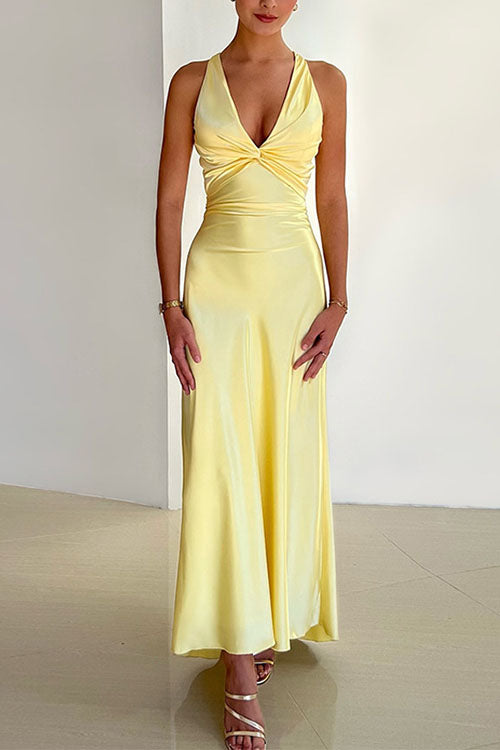 Trixiedress V Neck Back Tie Bow Cut Out Satin Maxi Dress