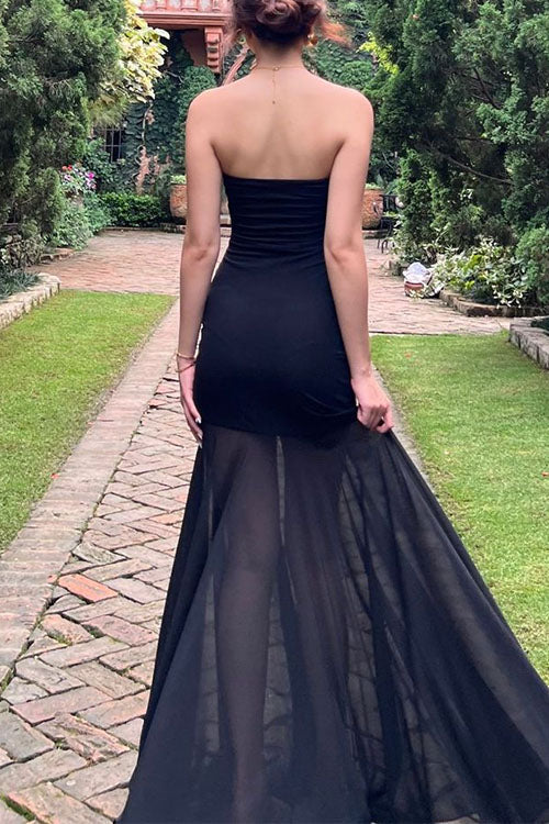 Trixiedress Strapless Mesh Splice Bodycon Maxi Dress