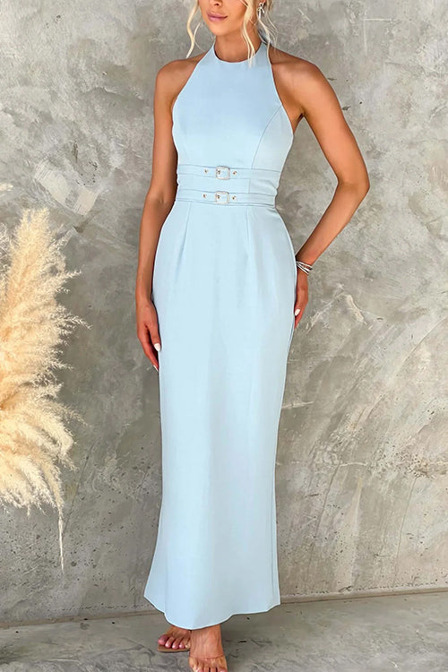 Halter Sleeveless Back Slit Waisted Maxi Dress