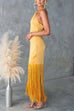 Trixiedress Halter Neck Patchwork Fringe Hem Satin Maxi Dress