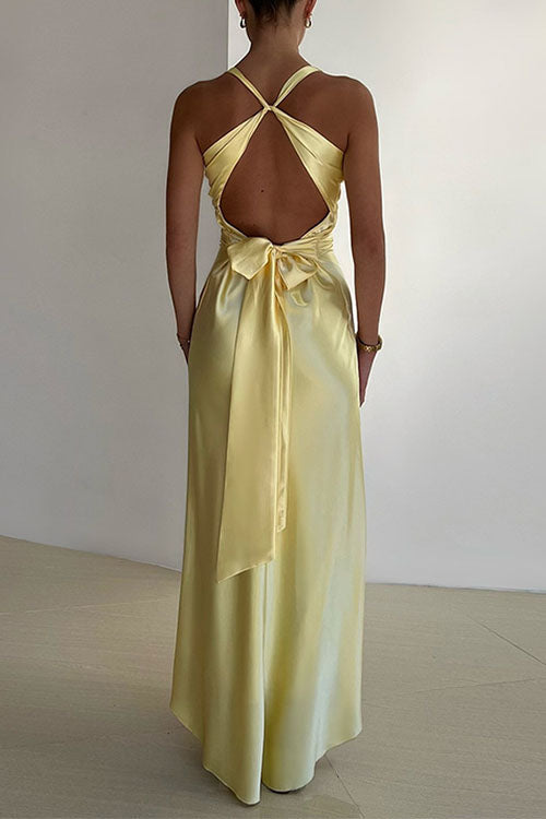 Trixiedress V Neck Back Tie Bow Cut Out Satin Maxi Dress