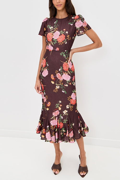 Crewneck Short Sleeves Floral Print Ruffle Hem Midi Dress