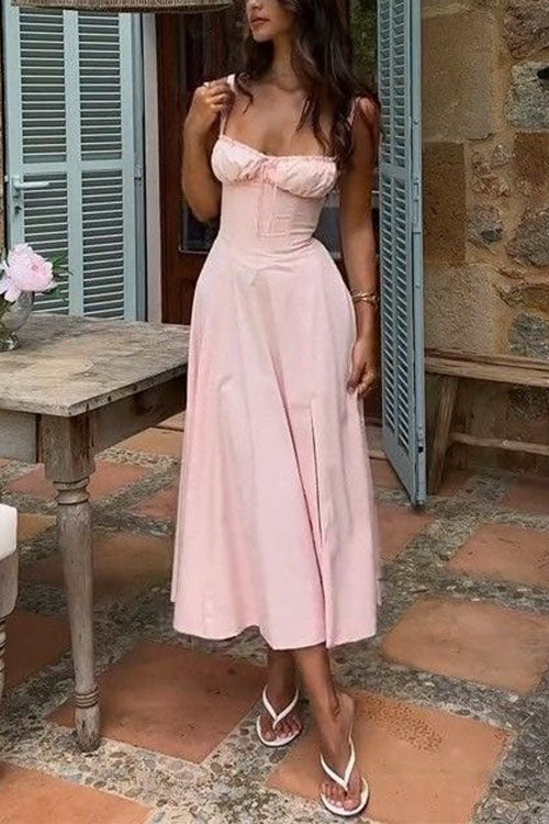 Trixiedress Drawstring Neck Slit Bustier Midi Cami Dress