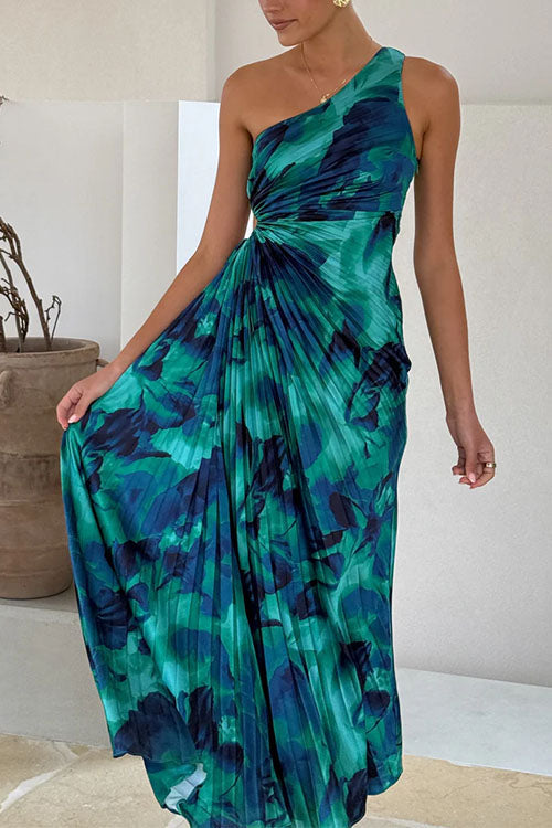 Trixiedress One Shoulder Drawstring Cut Out Printed Maxi Pleated Dress