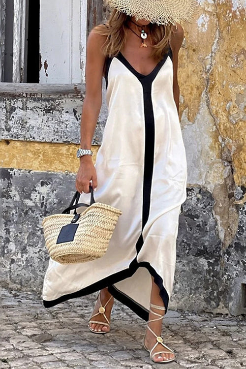Trixiedress Spaghetti Strap V Neck Color Block Maxi Holiday Dress