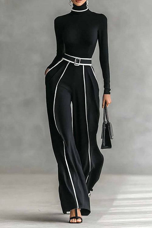 Trixiedress Color Block High Neck Long Sleeves Top High Rise Wide Leg Pants Set