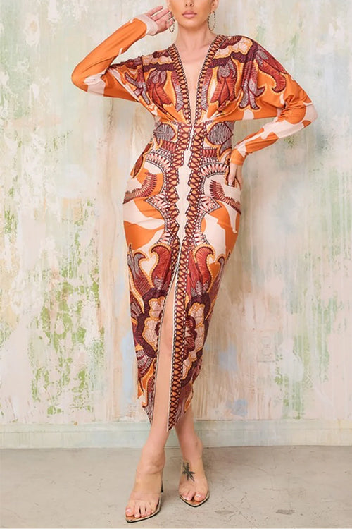 Trixiedress V Neck Long Sleeves Ruched Slit Printed Midi Dress