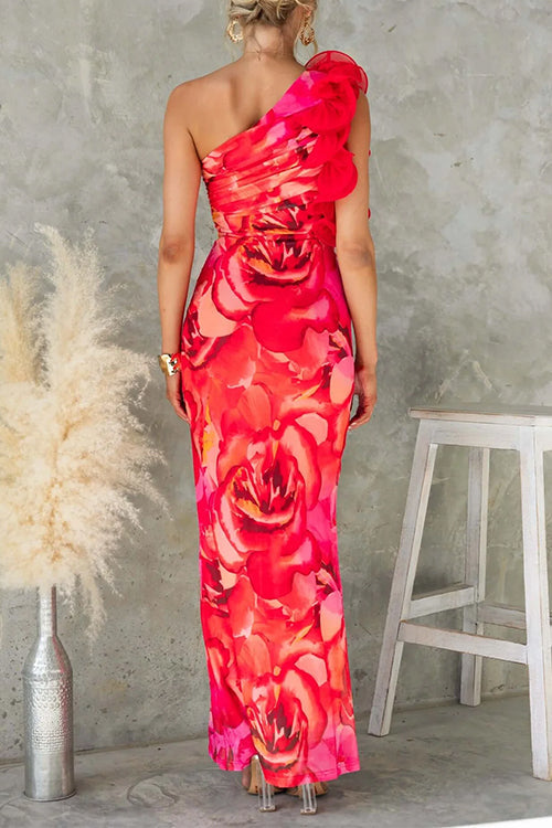Trixiedress Ruffle One Shoulder Floral Print Bodycon Maxi Dress
