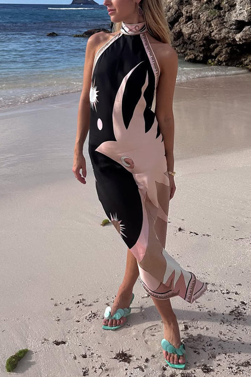 Trixiedress Halter Neck Open Back Asymmetric Hem Printed Satin Midi Dress