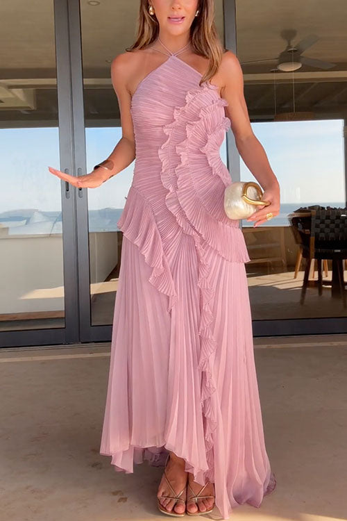 Trixiedress Strappy Halter Neck Ruffle Trim Asymmetric Hem Pleated Maxi Dress