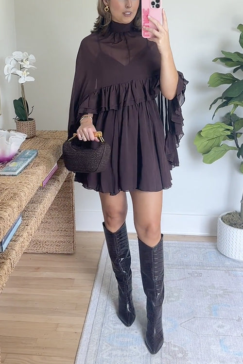 High Neck Sheer Ruffle Trim Cape Mini Dress