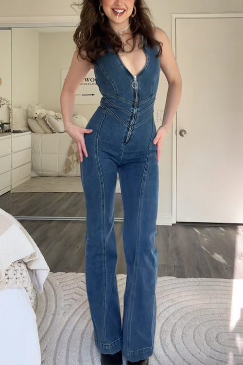 Trixiedress Zip Up Sleeveless Heart Back Bell Bottom Denim Jumpsuit